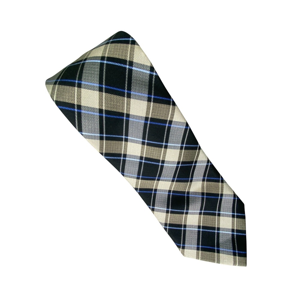 Chaps Mens Tie Black Tan Blue Plaid Silk Classic Preppy